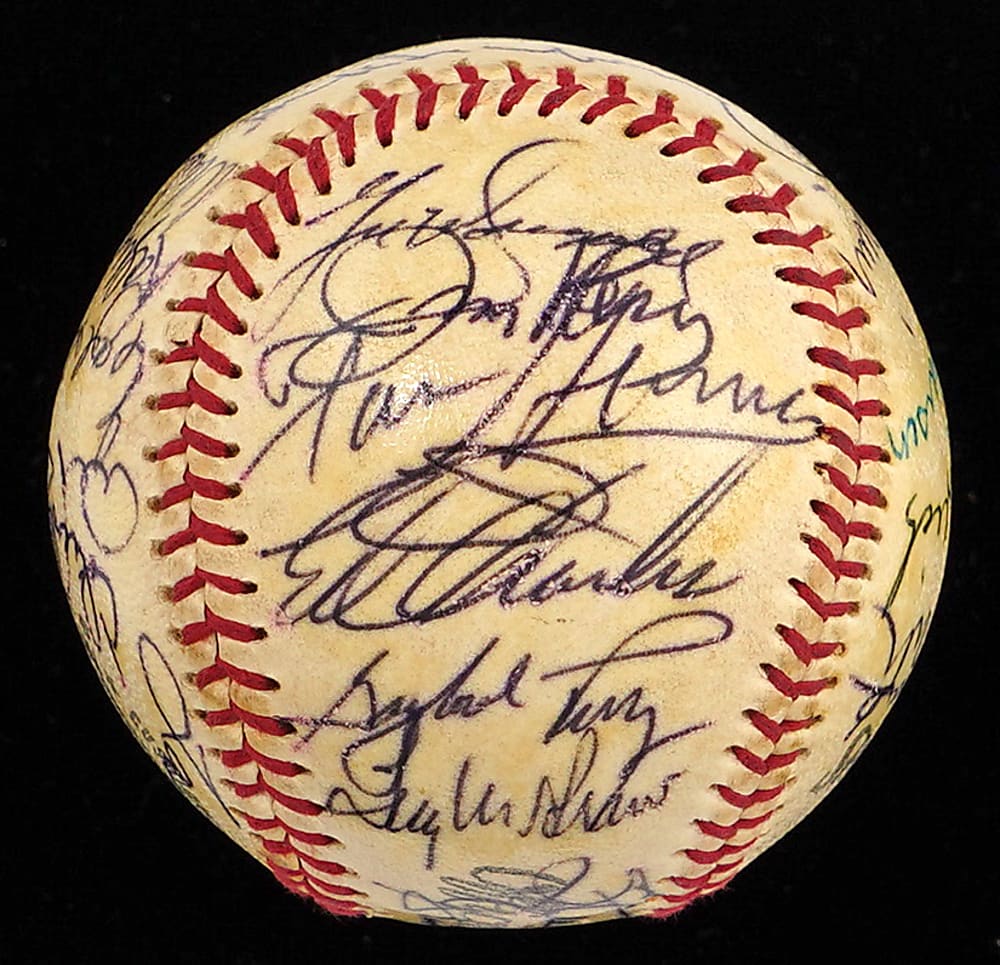 1970 Baseball Writers Association Dinner Multi-Signed Baseball with (27) Signatures Including (7) Hall of Famers : Hank Greenberg, Steve Carlton, Joe Cronin