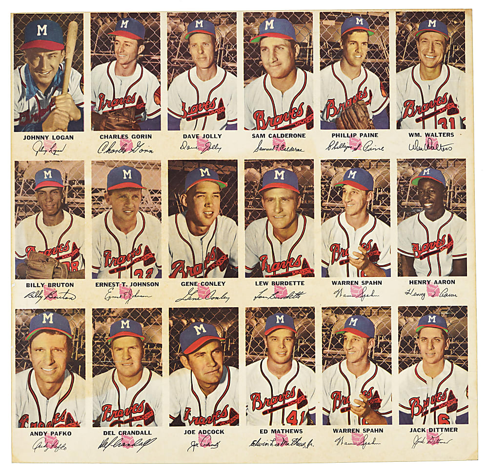Ultra Rare 1954 Johnston Cookies Milwaukee Braves Uncut Sheet Pair with (34/35) Near Set Including Hank Aaron Rookie