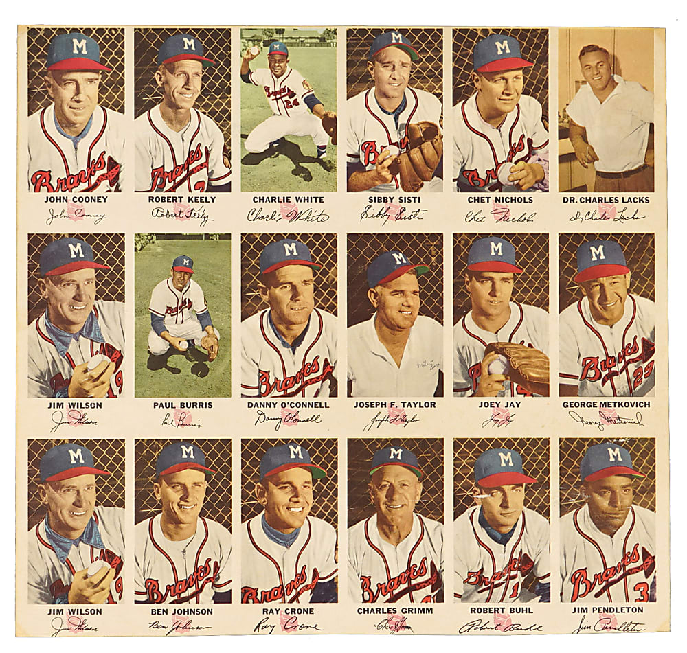 Ultra Rare 1954 Johnston Cookies Milwaukee Braves Uncut Sheet Pair with (34/35) Near Set Including Hank Aaron Rookie