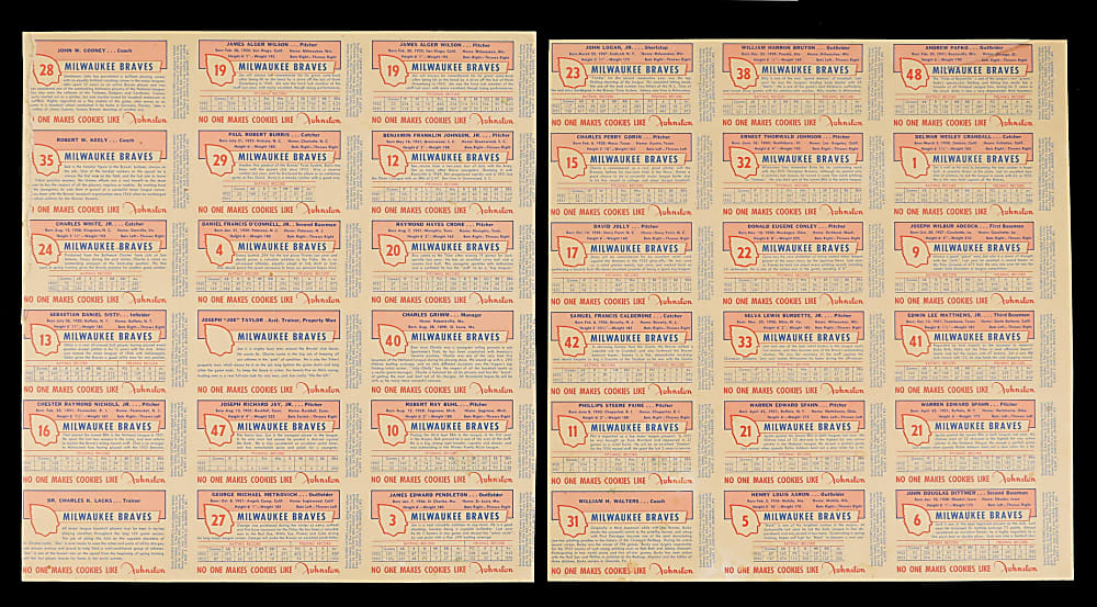 Ultra Rare 1954 Johnston Cookies Milwaukee Braves Uncut Sheet Pair with (34/35) Near Set Including Hank Aaron Rookie