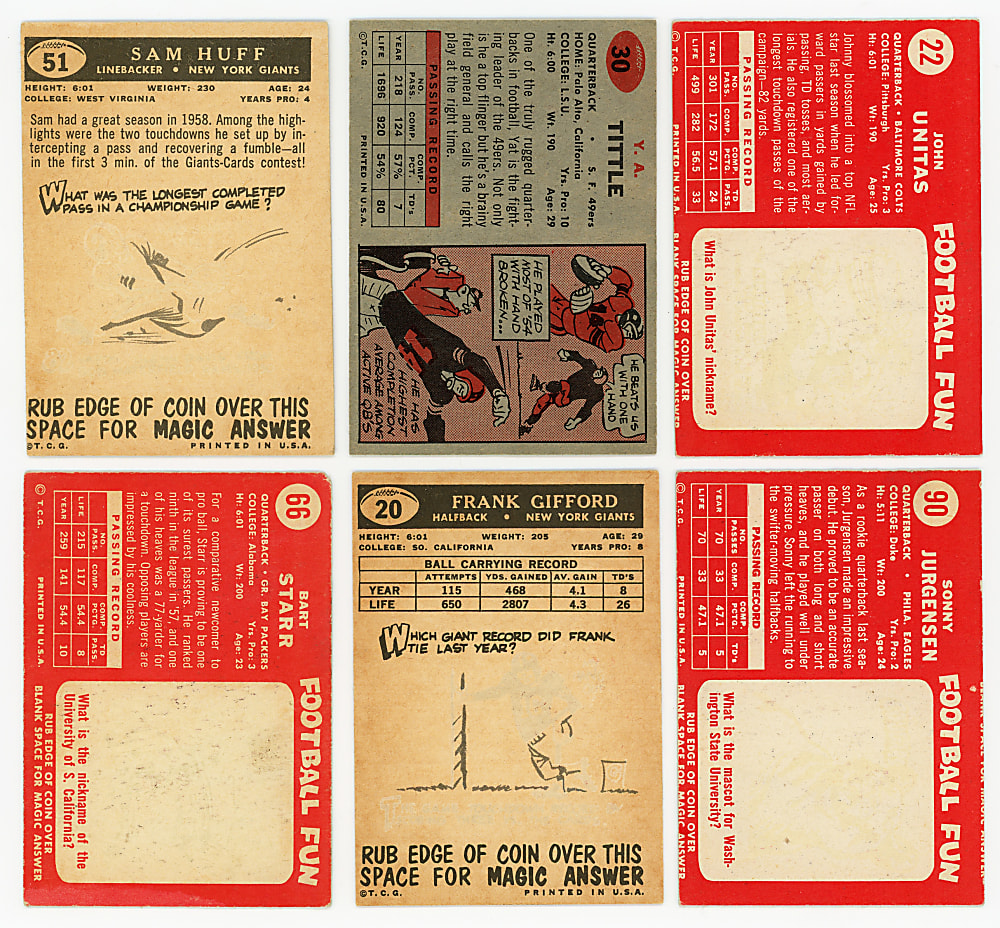 1957-1959 Topps Football Hall of Fame Group (6) with Starr, Unitas & Jurgensen RC