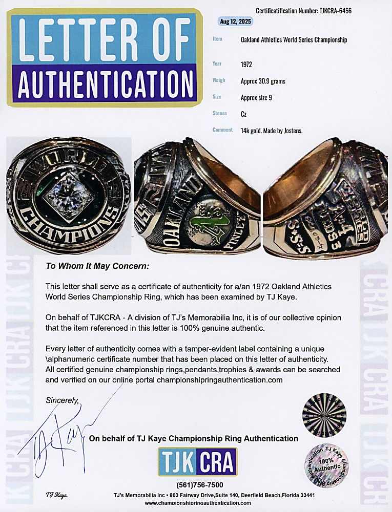 1972 Charles O. Finley Oakland Athletics Authentic World Series Championship Ring with TJK LOA