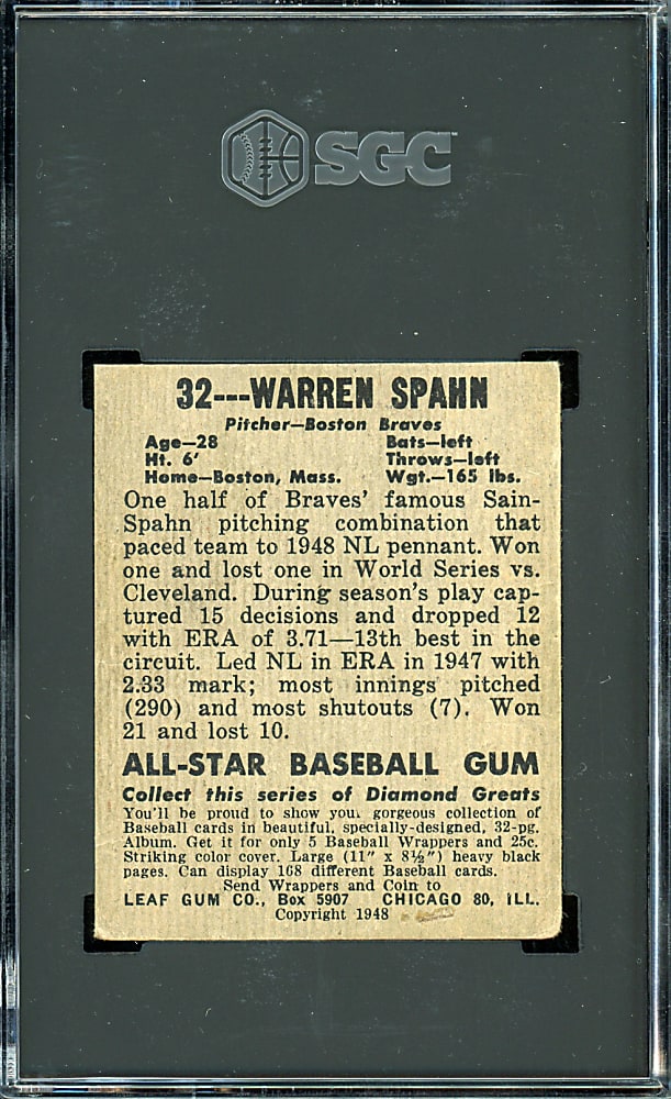 1948-1949 Leaf #32 Warren Spahn Rookie SGC Authentic