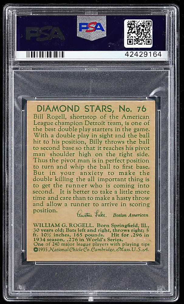 1934-1936 Diamond Stars #76 Bill Rogell PSA NM-MT 8 - Only 7 Higher
