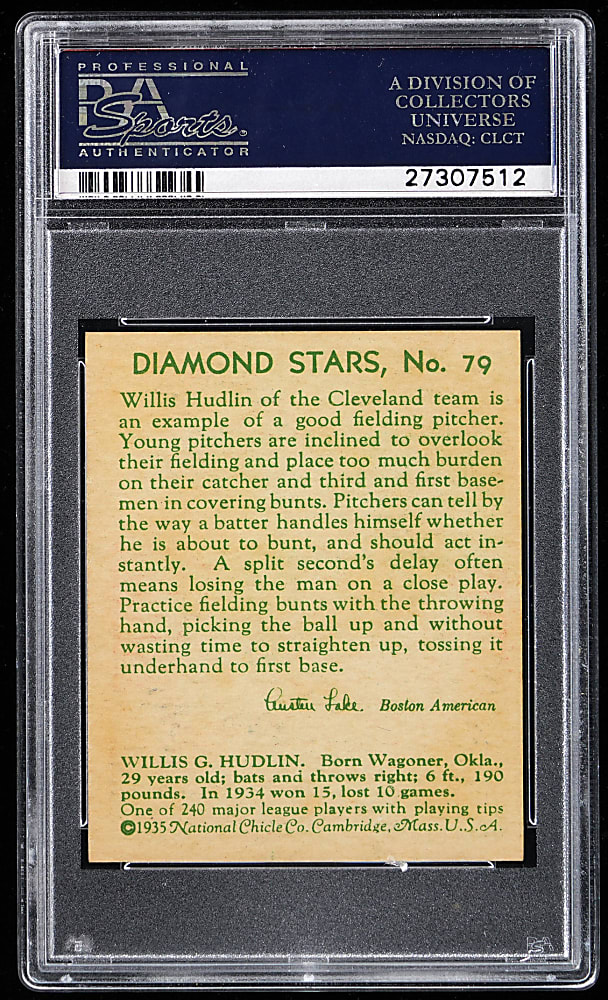 1934-1936 Diamond Stars #79 Willis Hudlin PSA NM-MT 8 - Only 4 Higher