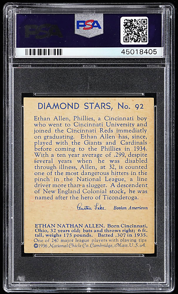 1934-1936 Diamond Stars #92 Ethan Allen PSA NM-MT 8 - Only 3 Higher
