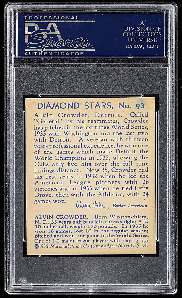 1934-1936 Diamond Stars #93 Alvin Crowder PSA NM+ 7.5