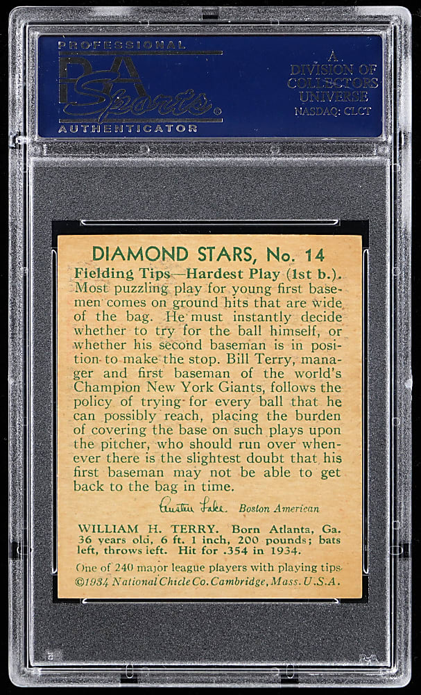 1934-1936 Diamond Stars #14 Bill Terry PSA NM+ 7.5
