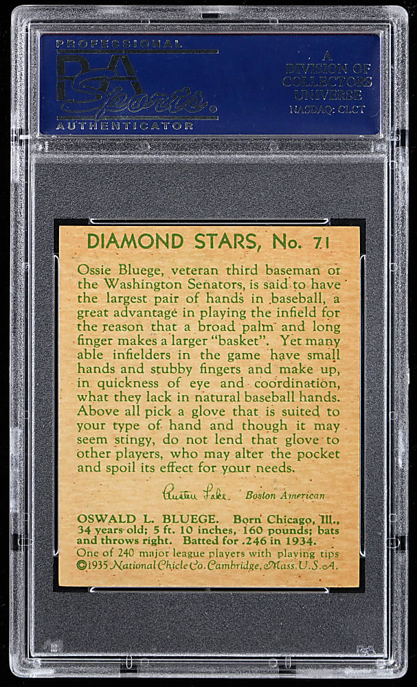 1934-1936 Diamond Stars #71 Ossie Bluege PSA NM-MT 8 - Only 4 Higher