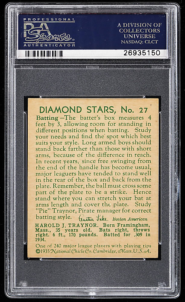 1934-1936 Diamond Stars #27 Pie Traynor PSA NM+ 7.5