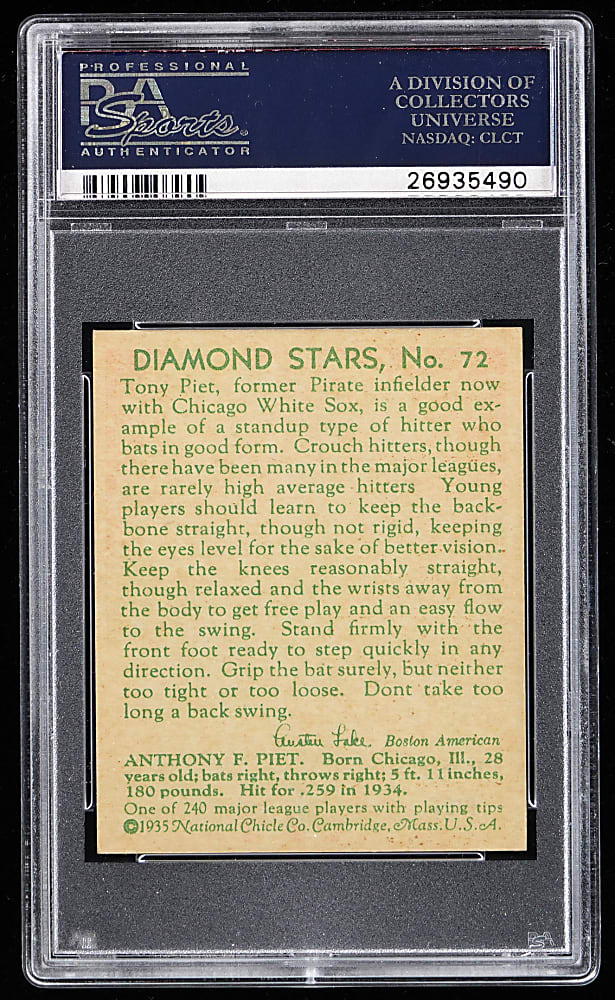 1934-1936 Diamond Stars #72 Tony Piet PSA NM-MT 8 - Only 4 Higher