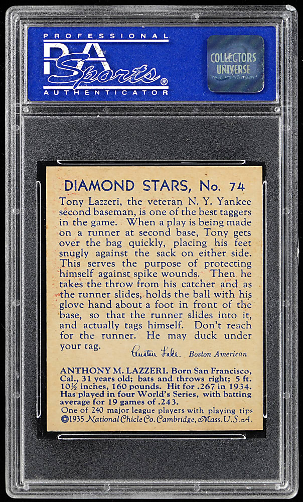 1934-1936 Diamond Stars #74 Tony Lazzeri PSA NM-MT 8 - Only 4 Higher