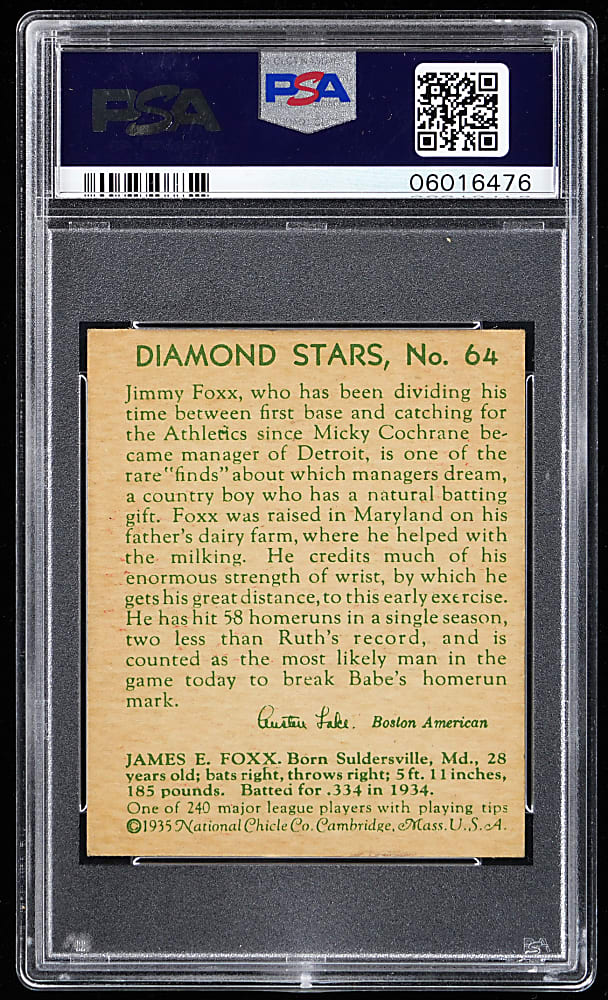 1934-1936 Diamond Stars #64 Jimmie Foxx PSA NM 7