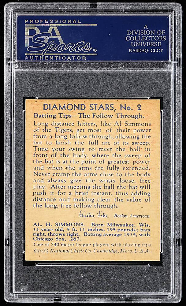 1934-1936 Diamond Stars Blue Back #2 Al Simmons PSA NM 7