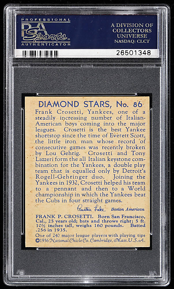 1934-1936 Diamond Stars #86 Frank Crosetti PSA NM 7