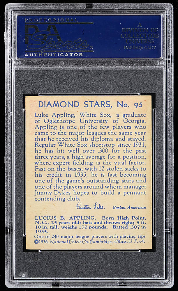 1934-1936 Diamond Stars #95 Luke Appling PSA NM-MT 8 - Only 2 Higher