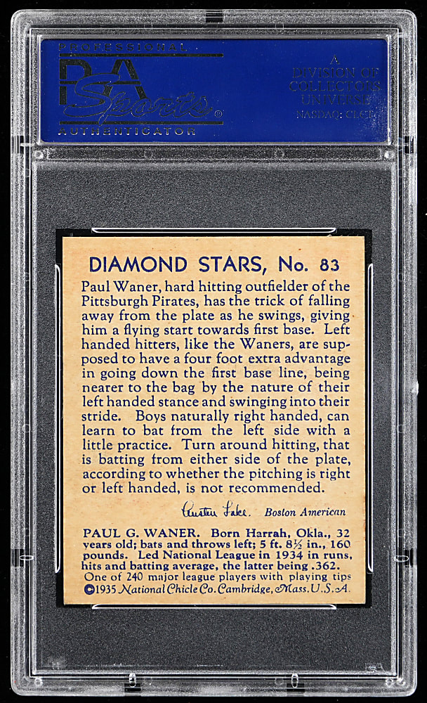 1934-1936 Diamond Stars #83 Paul Waner Blue Back PSA NM-MT 8 - Only 2 Higher