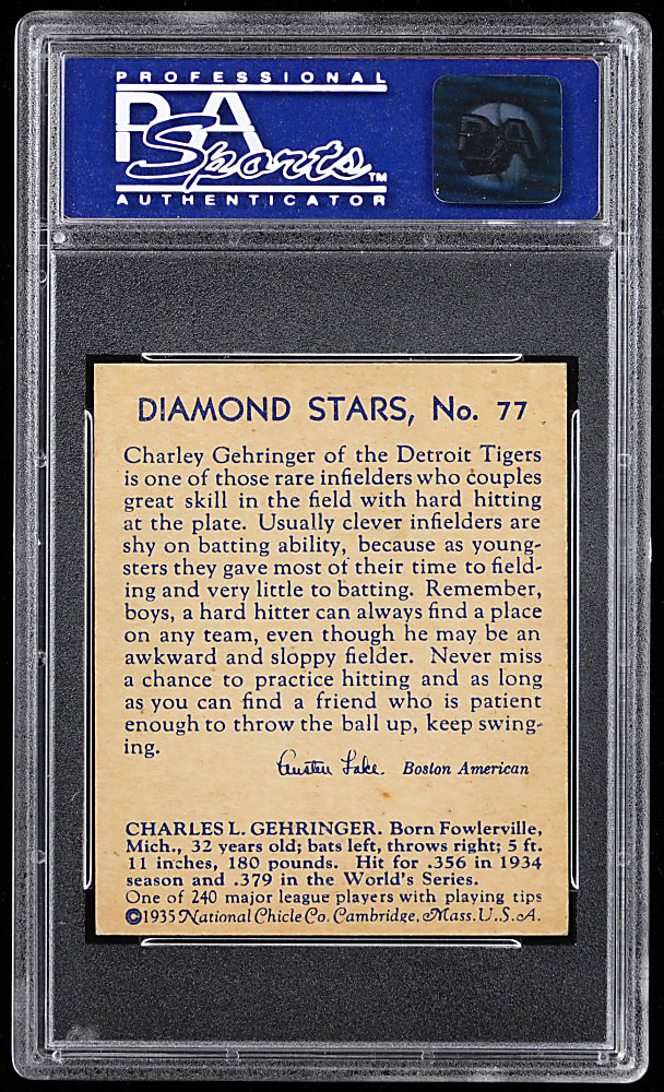 1934-1936 Diamond Stars #77 Charlie Gehringer Blue Back PSA NM-MT 8 - Highest Graded!