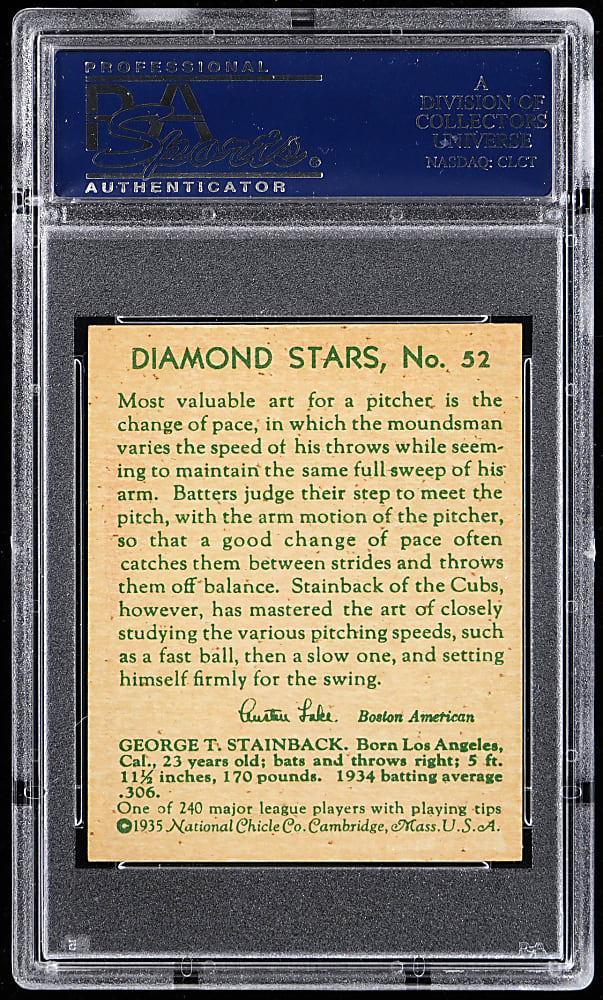 1934-1936 Diamond Stars #52 George Stainback PSA NM-MT 8 - Only 9 Higher