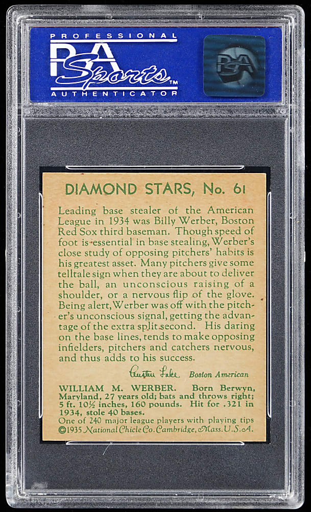 1934-1936 Diamond Stars #61 Billy Werber PSA NM-MT 8 - Only 3 Higher