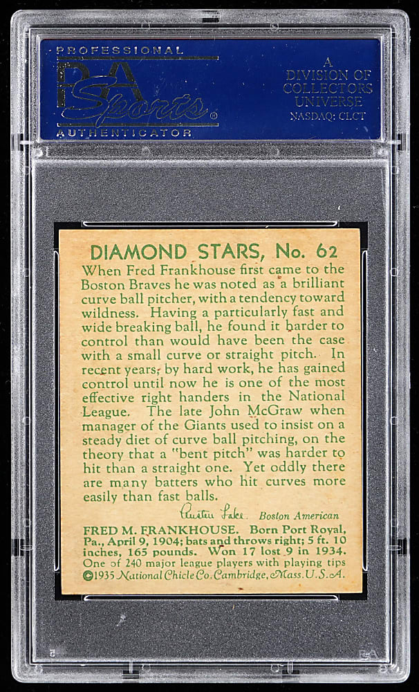 1934-1936 Diamond Stars #62 Fred Frankhouse PSA NM-MT 8 - Only 7 Higher