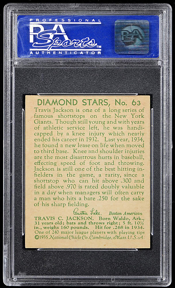 1934-1936 Diamond Stars #63 Travis Jackson PSA NM-MT 8 - Only 8 Higher
