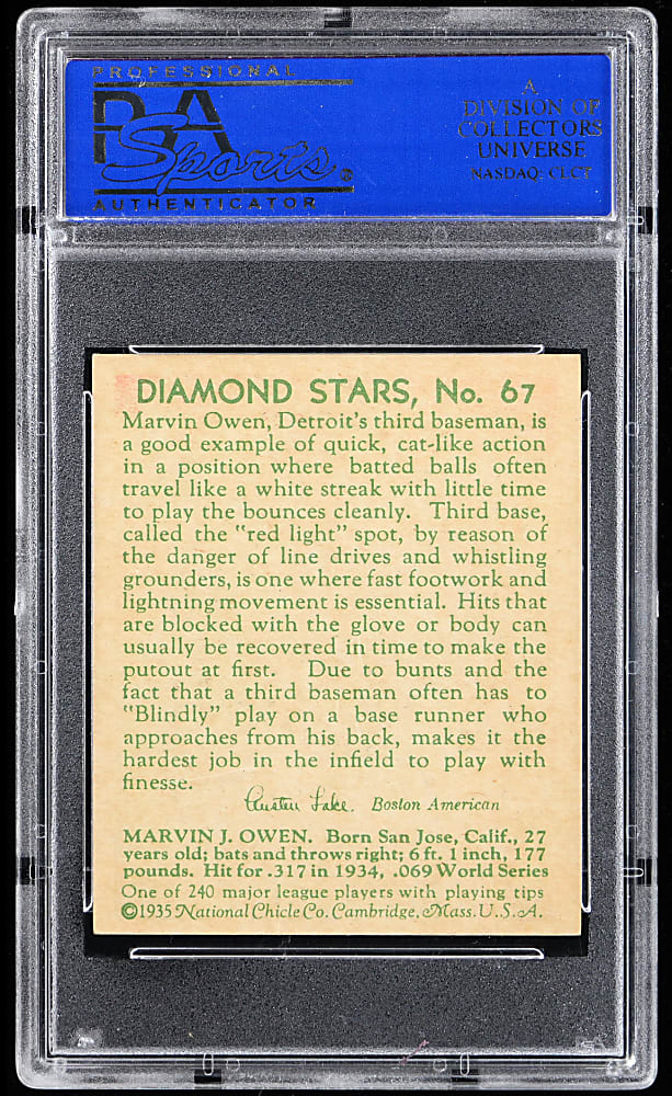 1934-1936 Diamond Stars #67 Marvin Owen PSA NM-MT 8 - Only 5 Higher