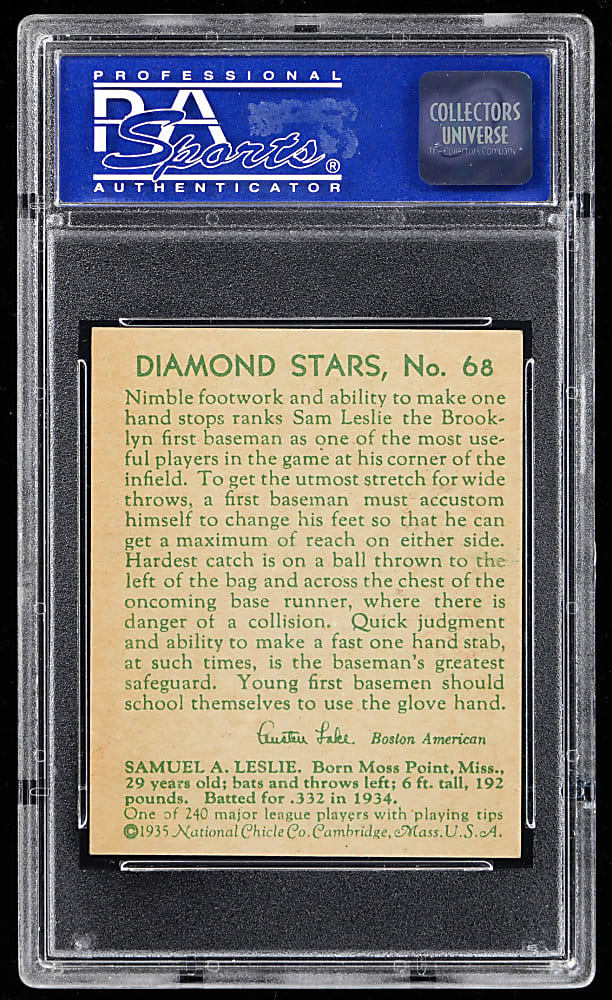 1934-1936 Diamond Stars #68 Sam Leslie PSA NM-MT 8 - Only 7 Higher