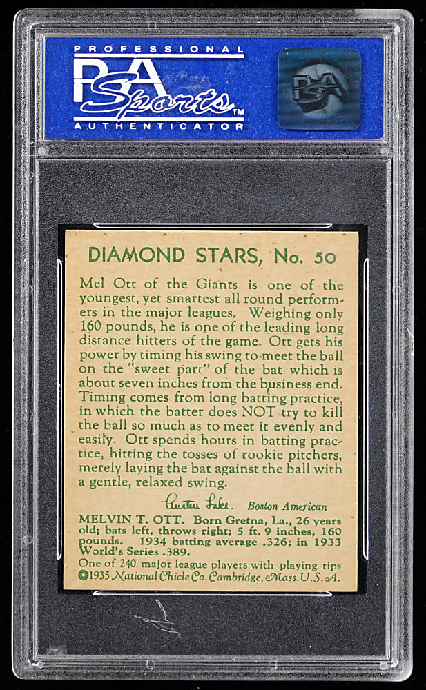1934-1936 Diamond Stars #50 Mel Ott PSA MINT 9 - Highest Graded!