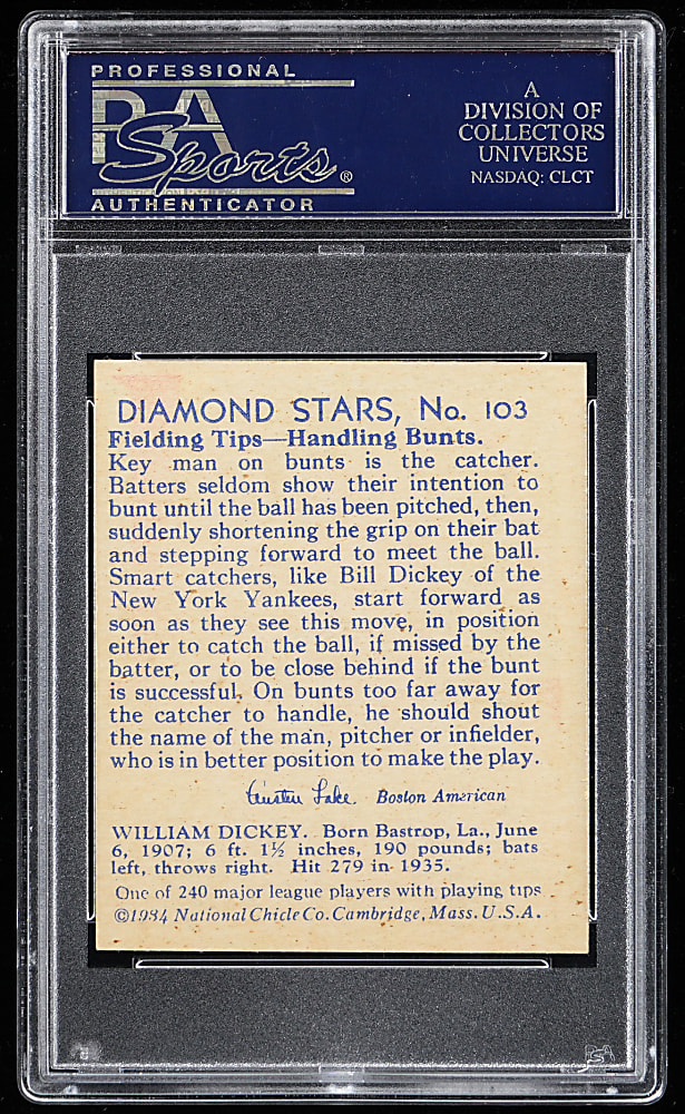 1934-1936 Diamond Stars #103 Bill Dickey PSA NM 7