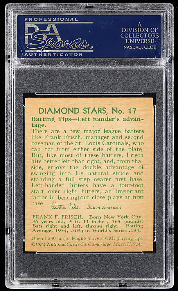 1934-1936 Diamond Stars #17 Frankie Frisch PSA NM-MT 8 - Only 2 Higher