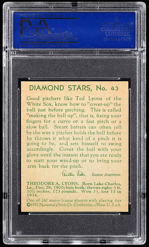 1934-1936 Diamond Stars #43 Ted Lyons PSA MINT 9 - Highest Graded!