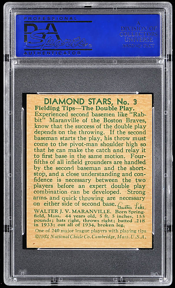 1934-1936 Diamond Stars #3 Rabbit Maranville PSA NM-MT 8 - Only 1 Higher
