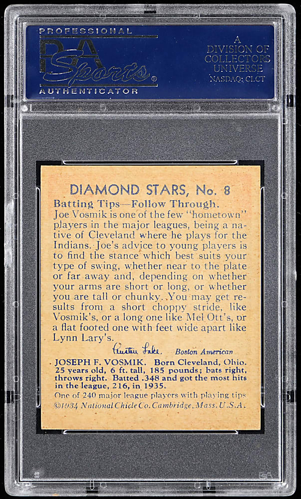 1934-1936 Diamond Stars #8 Joe Vosmik PSA NM-MT 8 - Only 6 Higher