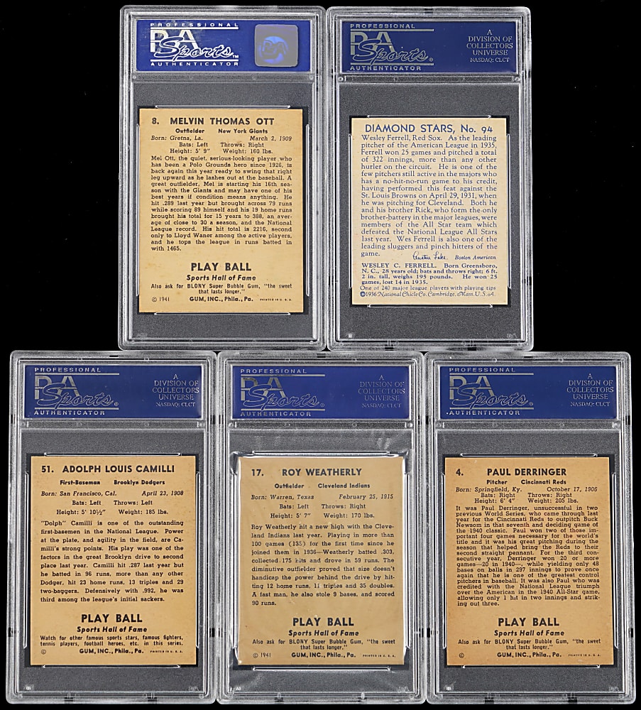 1936-1941 Diamond Stars & Play Ball PSA NM 7 & NM-MT 8 Graded Group with Qualifiers (5) Including Mel Ott