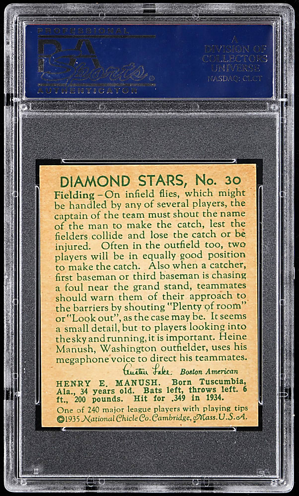 1934-1936 Diamond Stars #30 Heinie Manush With "W" On Sleeve PSA NM-MT 8 - Only 4 Higher