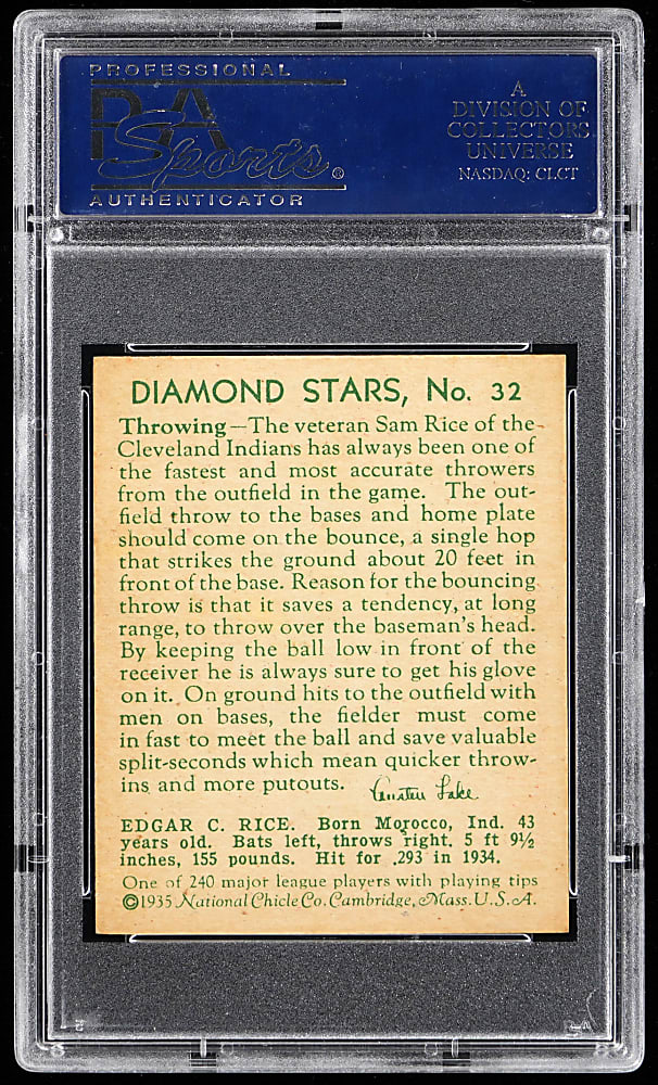 1934-1936 Diamond Stars #32 Sam Rice PSA NM-MT 8 - Only 3 Higher
