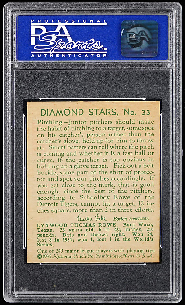 1934-1936 Diamond Stars #33 Schoolboy Rowe PSA NM-MT 8 - Only 4 Higher