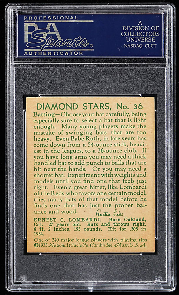 1934-1936 Diamond Stars #36 Ernie Lombardi PSA NM-MT 8 - Only 3 Higher