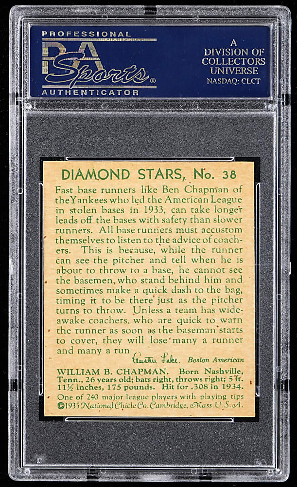 1934-1936 Diamond Stars #38 Ben Chapman PSA NM-MT 8 - Only 2 Higher