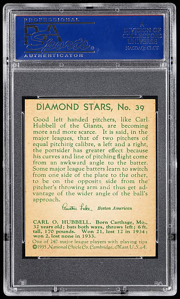1934-1936 Diamond Stars #39 Carl Hubbell PSA NM-MT 8