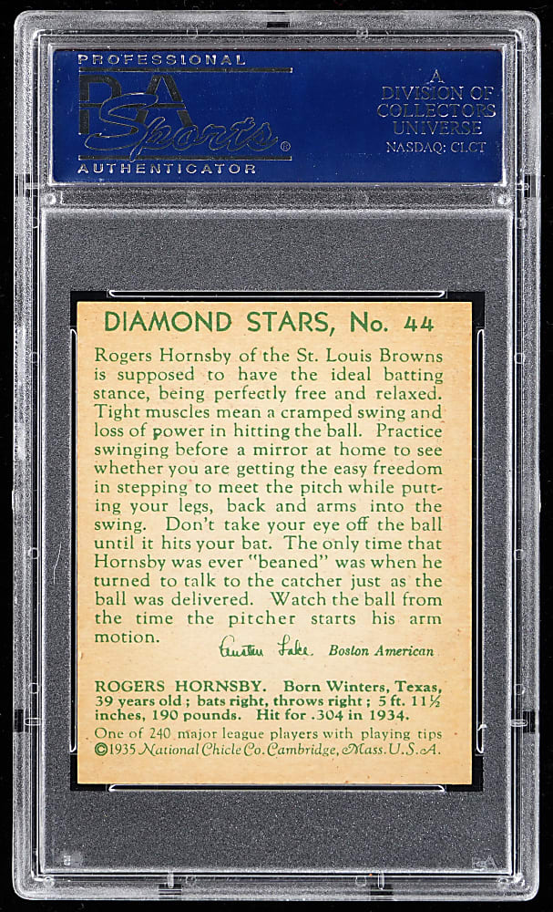 1934-1936 Diamond Stars #44 Rogers Hornsby PSA NM-MT 8 - Only 8 Higher