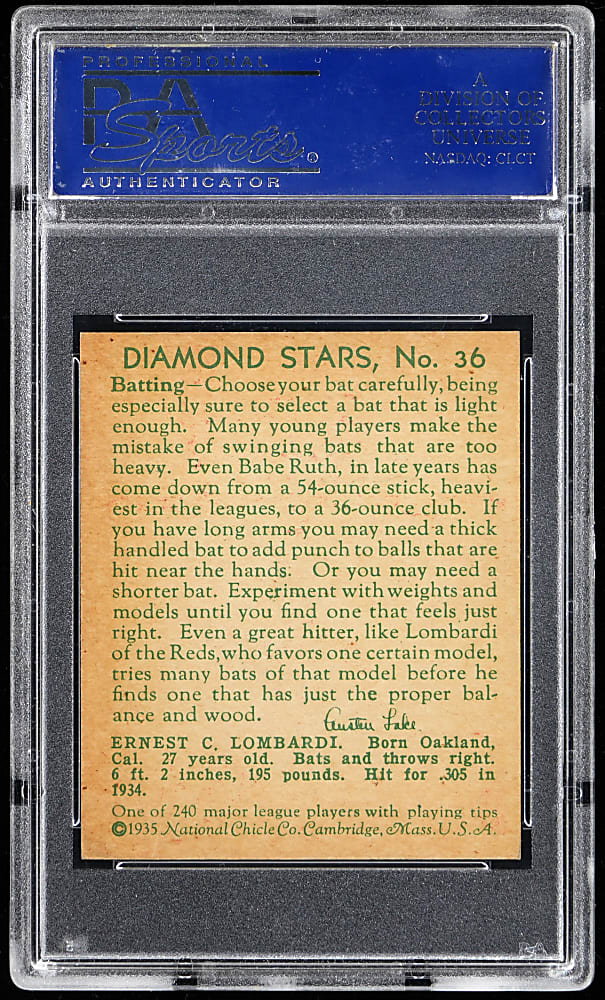 1934-1936 Diamond Stars #36 Ernie "Earnie" Lombardi Error PSA NM-MT 8 - Only 6 Higher