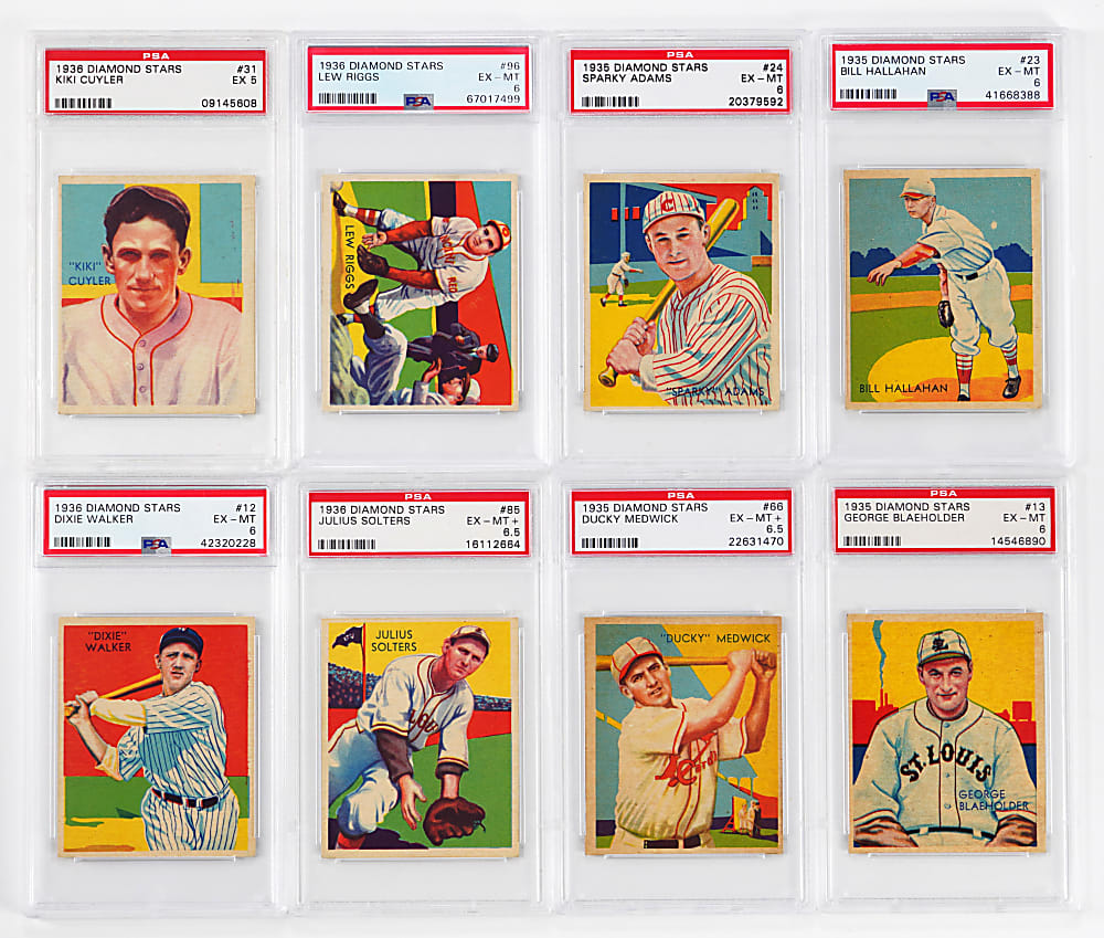 1934-1936 Diamond Stars PSA EX 5 to EX-MT+ 6.5 Graded Collection (8) with #31 KiKi Cuyler & #66 Ducky Medwick