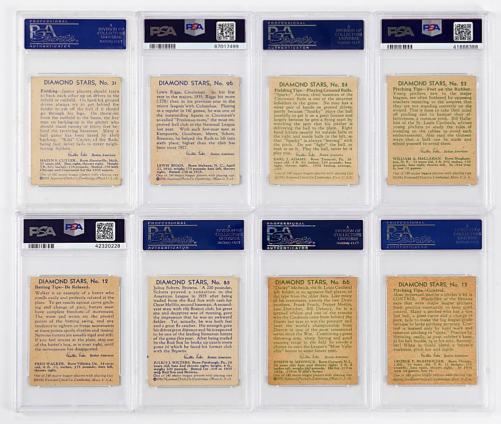 1934-1936 Diamond Stars PSA EX 5 to EX-MT+ 6.5 Graded Collection (8) with #31 KiKi Cuyler & #66 Ducky Medwick