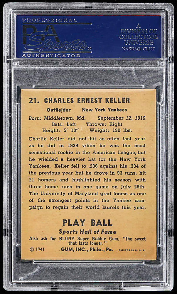1941 Play Ball #21 Charlie Keller PSA NM-MT+ 8.5 - Population 3, Only 2 Higher