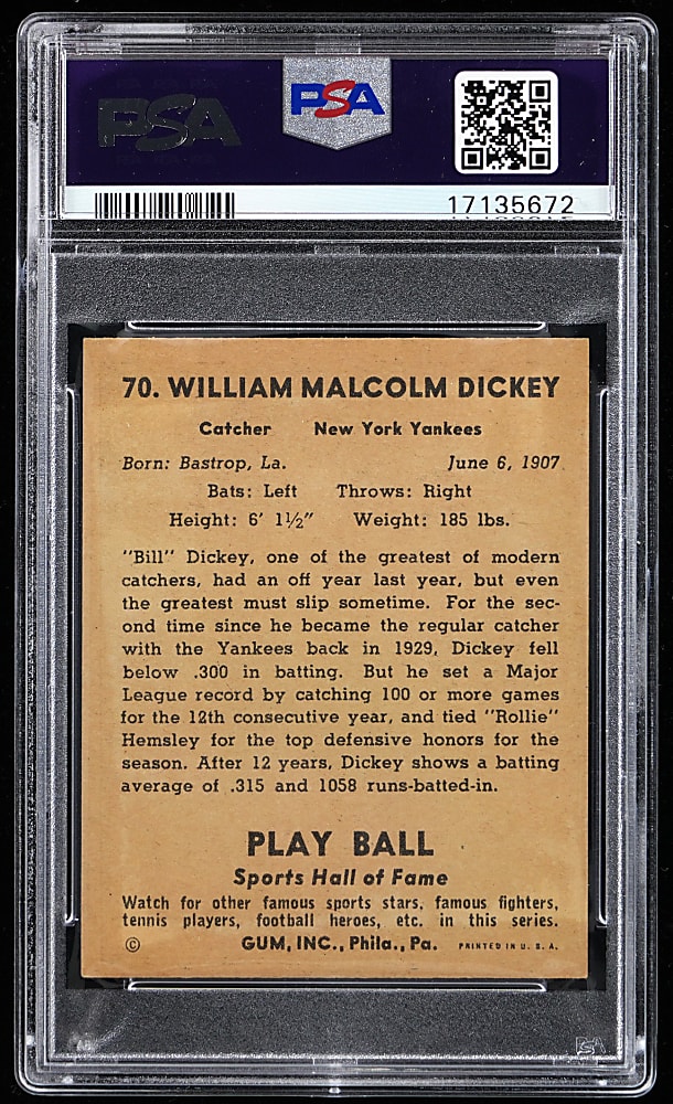 1941 Play Ball #70 Bill Dickey PSA NM-MT 8 - Only 5 Higher