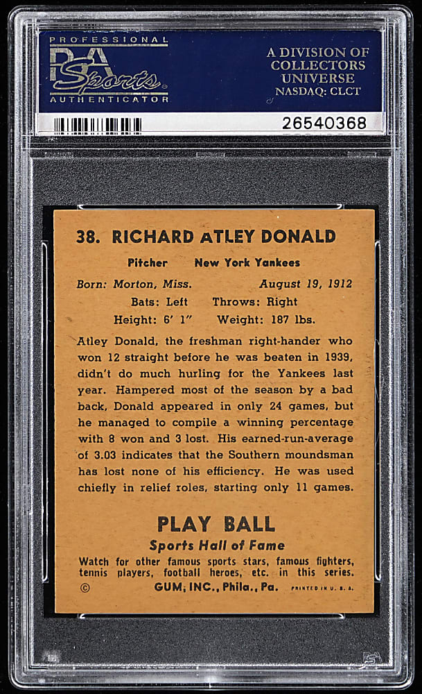 1941 Play Ball #38 Atley Donald PSA NM-MT 8 - Only 7 Higher