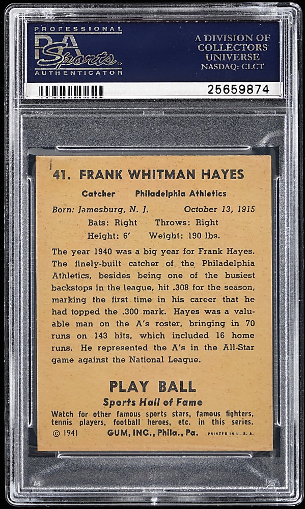 1941 Play Ball #41 Frank Hayes PSA NM-MT 8 - Only 7 Higher