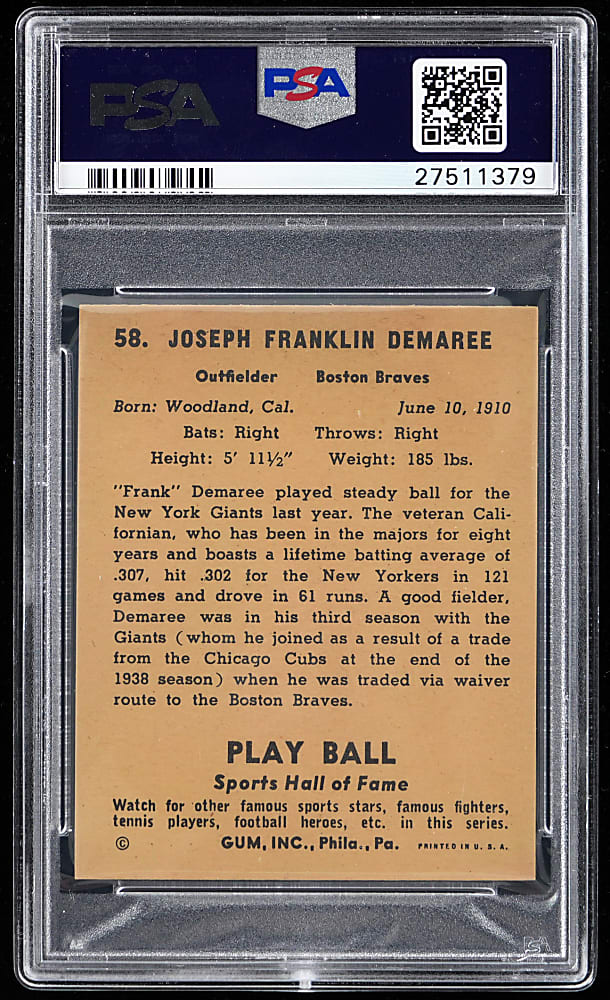1941 Play Ball #58 Frank Demaree PSA NM-MT 8 - Only 2 Higher